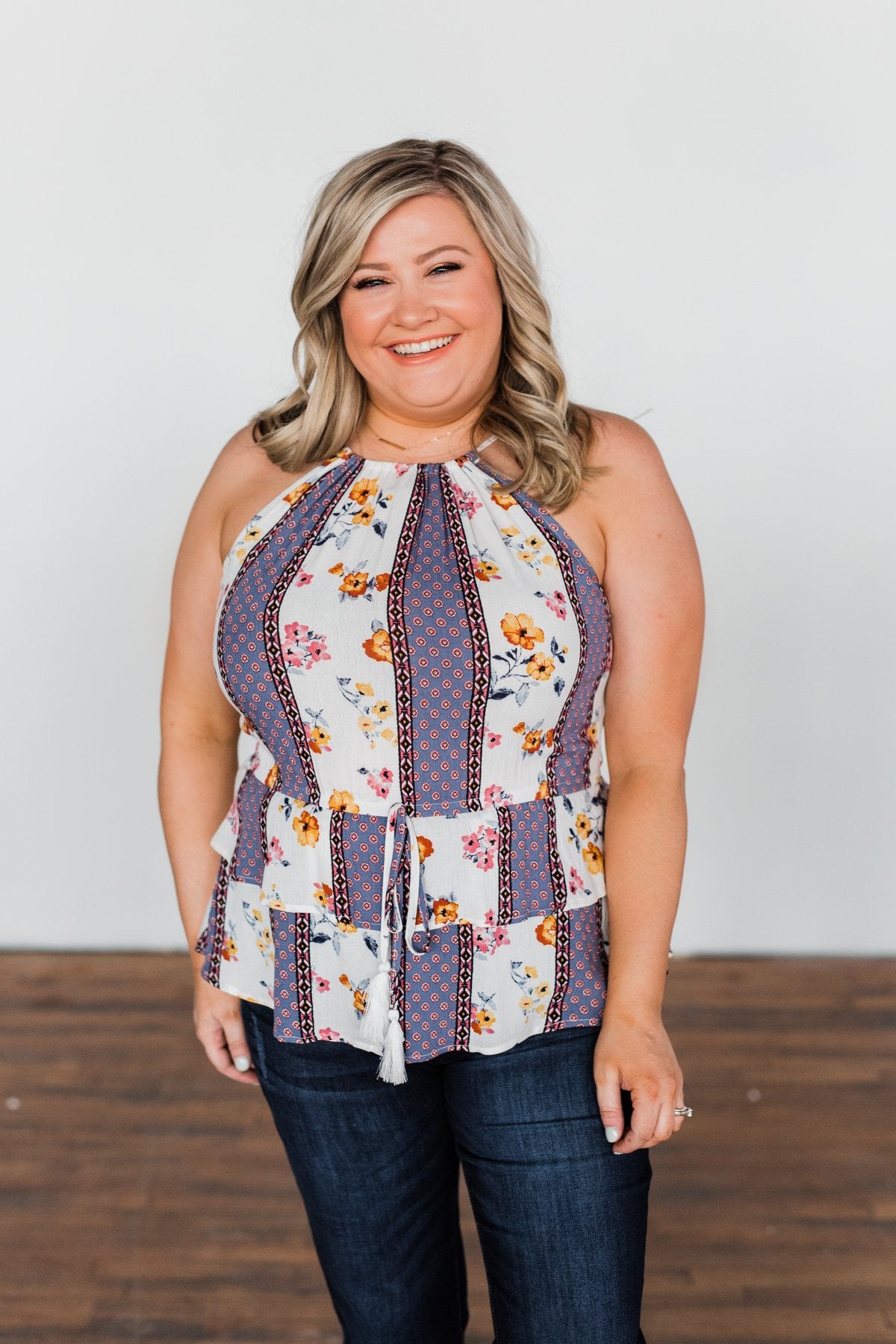 Got My Attention Tank Top- Ivory & Dusty Blue