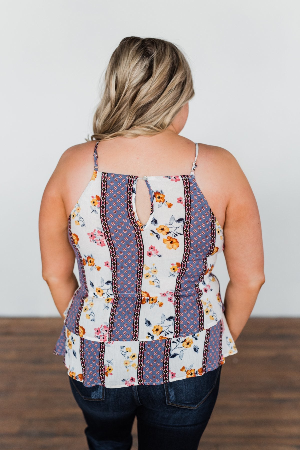 Got My Attention Tank Top- Ivory & Dusty Blue