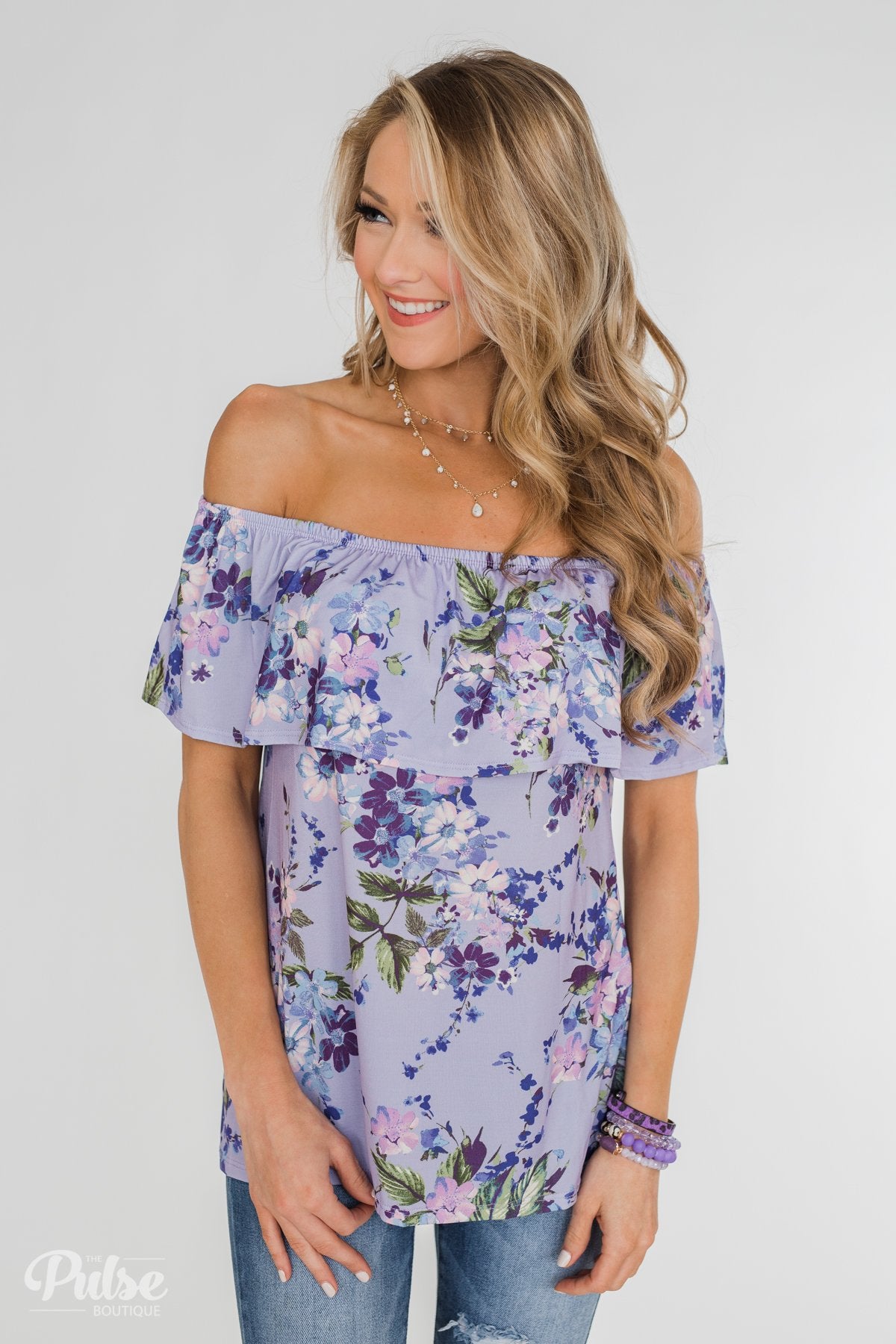 Grow With Me Off the Shoulder Floral Top Light Violet The Pulse Boutique