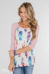 Aztec Feather 3/4 Sleeve Top- Dusty Pink