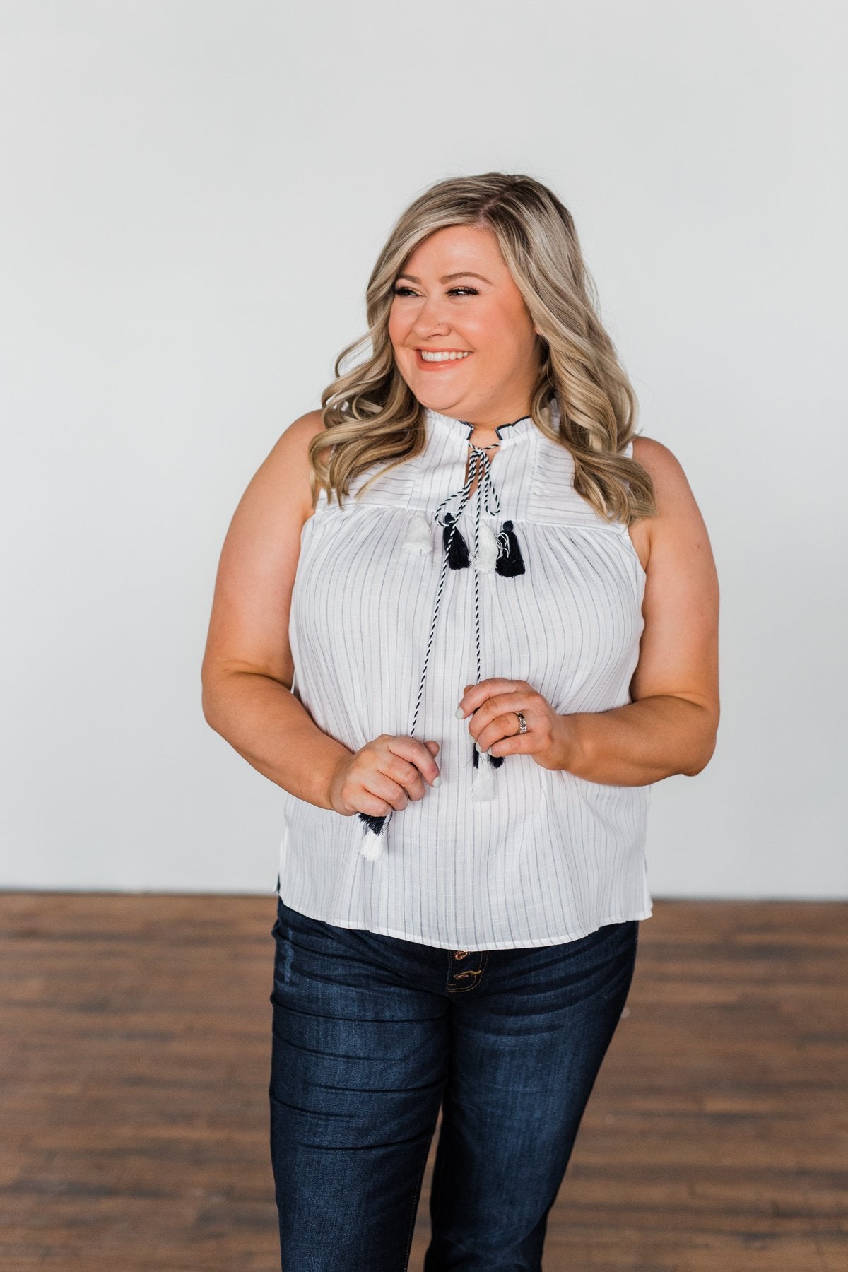 Secret Charm Striped Tassel Tank Top- Ivory & Navy