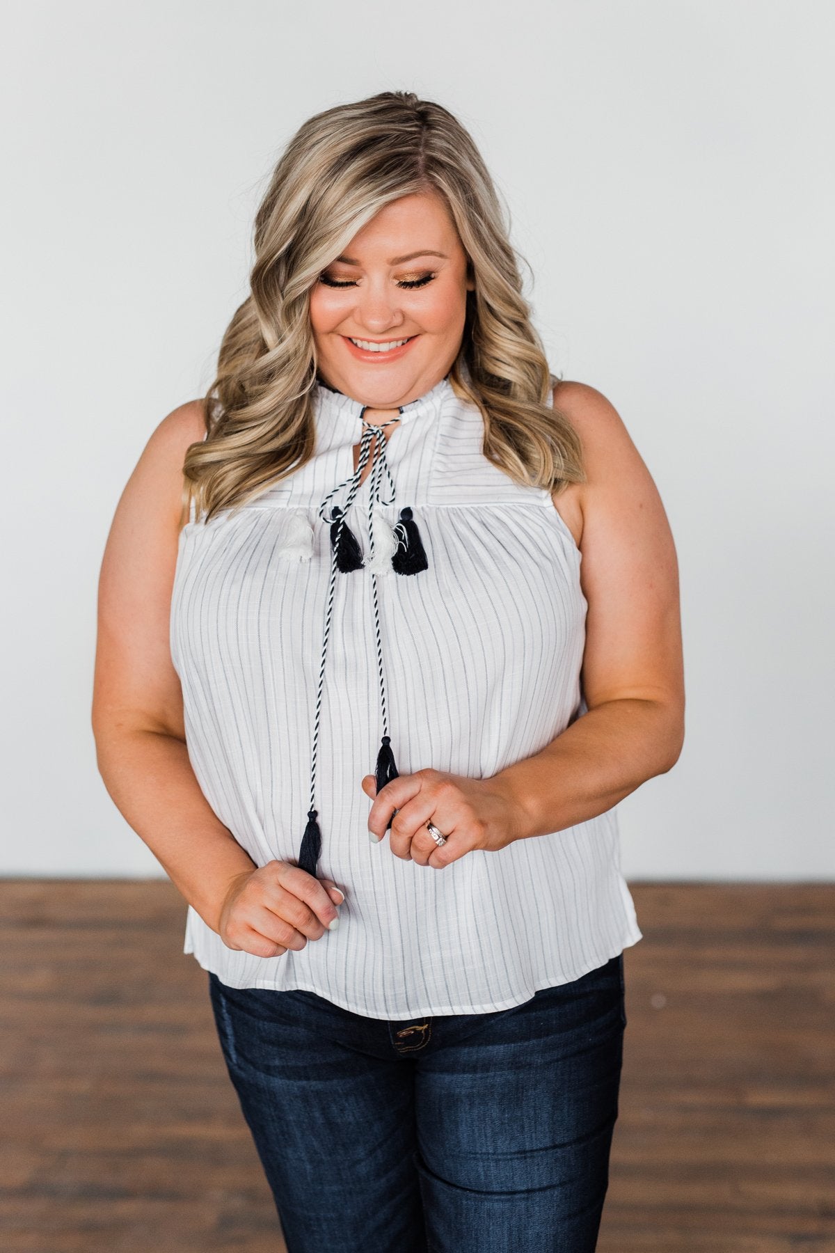 Secret Charm Striped Tassel Tank Top- Ivory & Navy