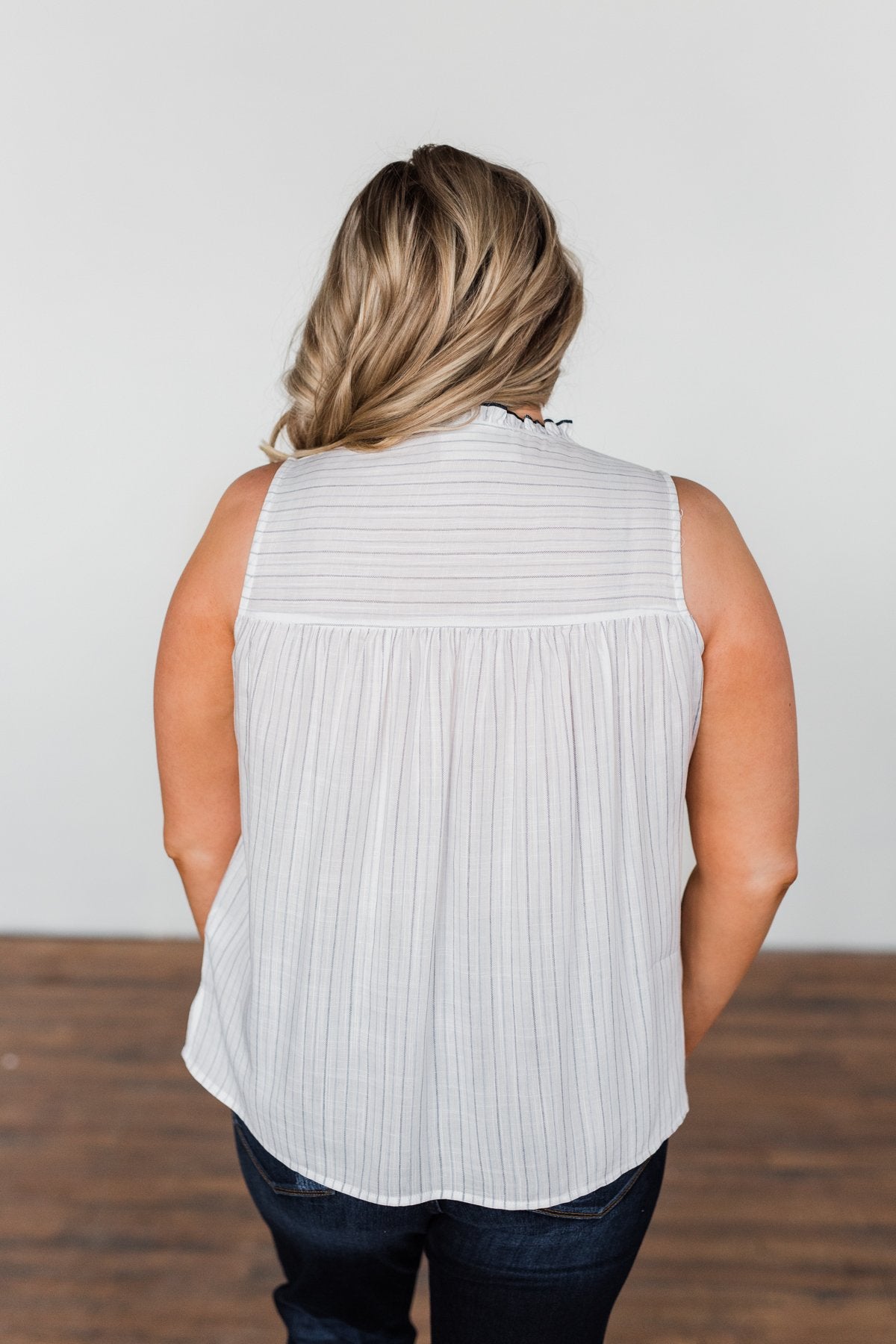 Secret Charm Striped Tassel Tank Top- Ivory & Navy