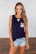 Right Away Floral Pocket Tank- Navy