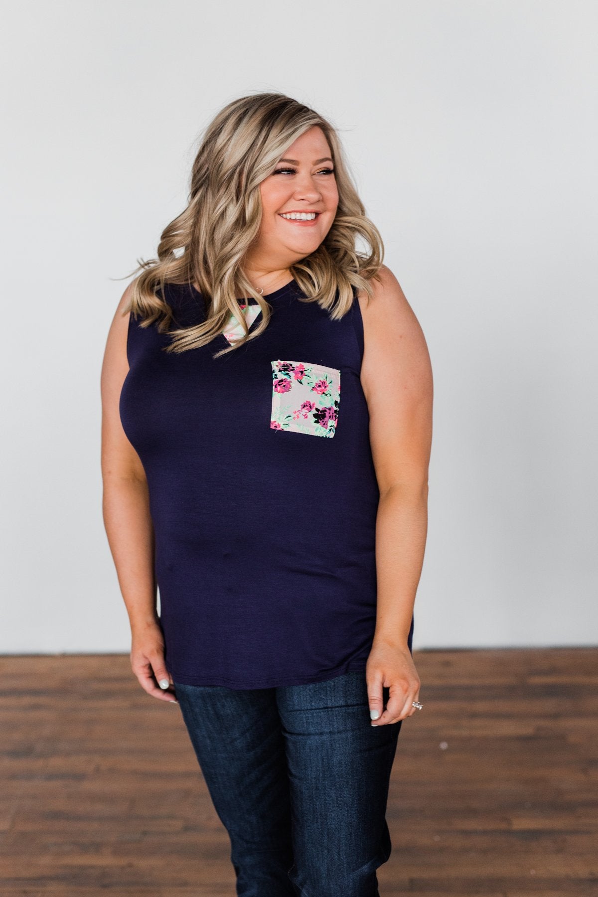 Right Away Floral Pocket Tank- Navy