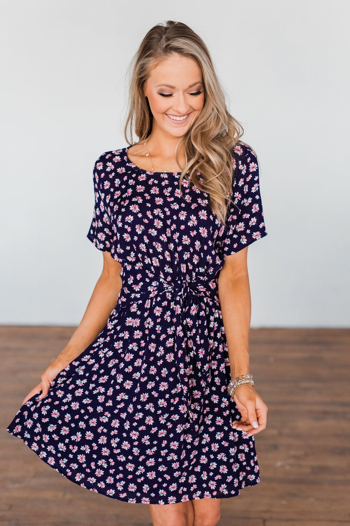 Make A Way Floral Short Sleeve Dress- Navy