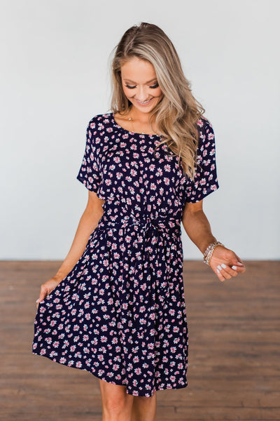 Make A Way Floral Short Sleeve Dress- Navy – The Pulse Boutique
