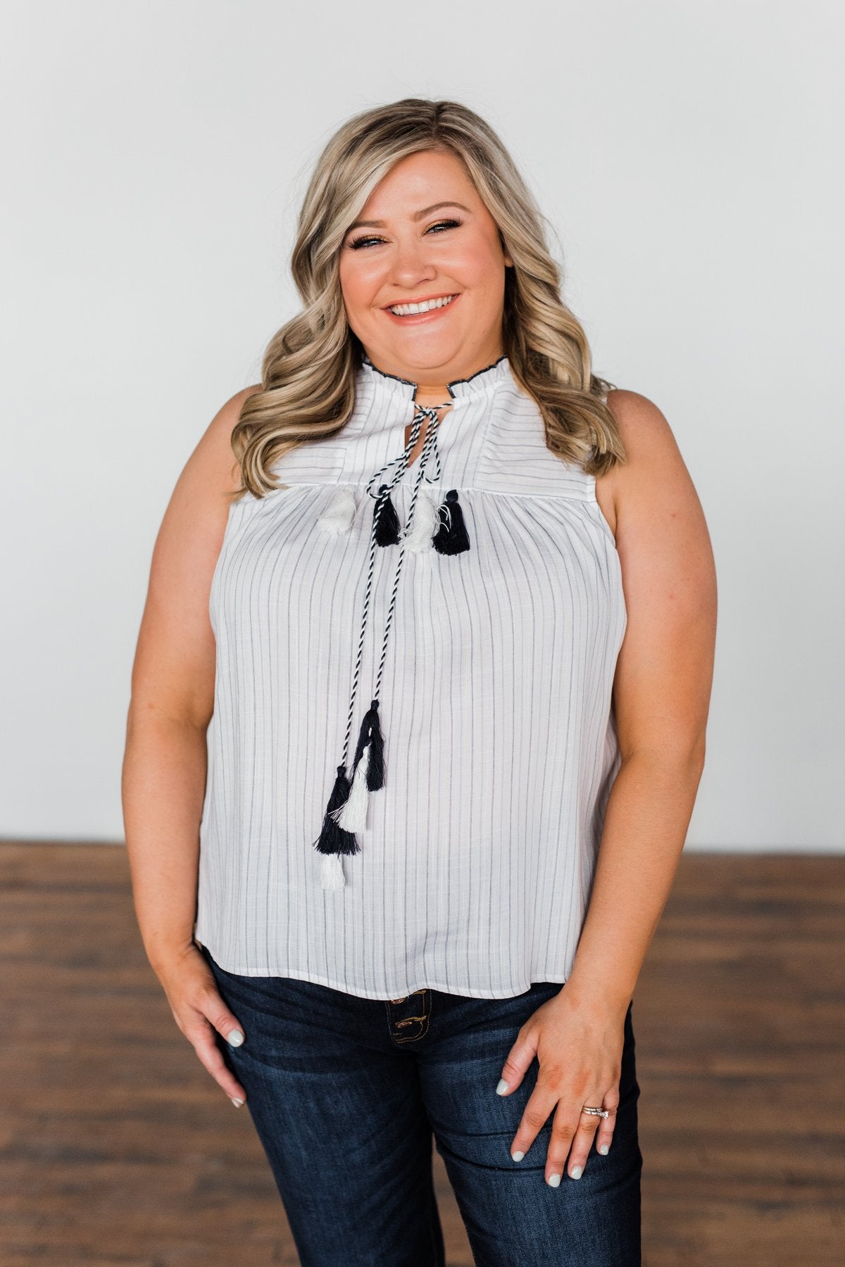 Secret Charm Striped Tassel Tank Top- Ivory & Navy