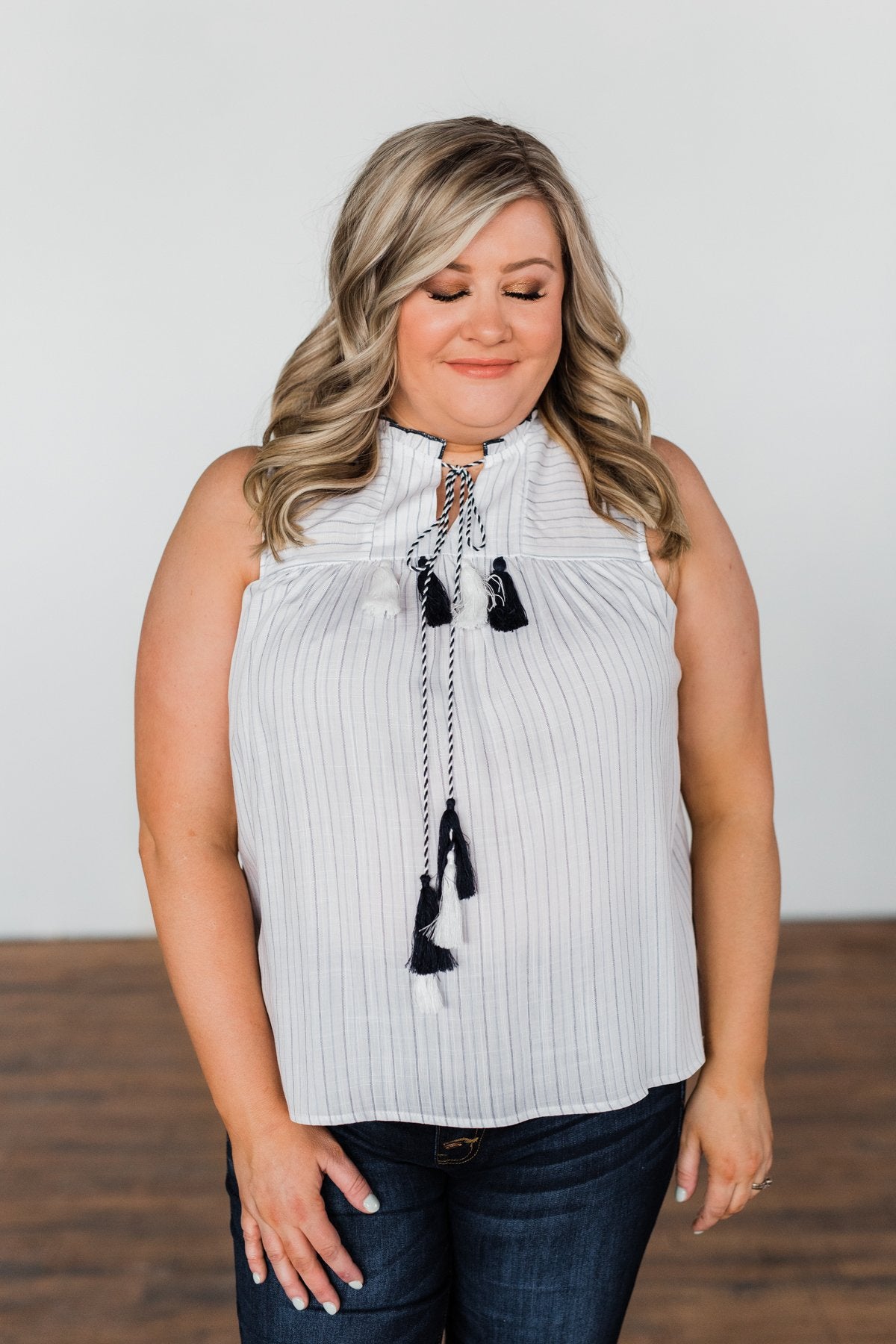 Secret Charm Striped Tassel Tank Top- Ivory & Navy
