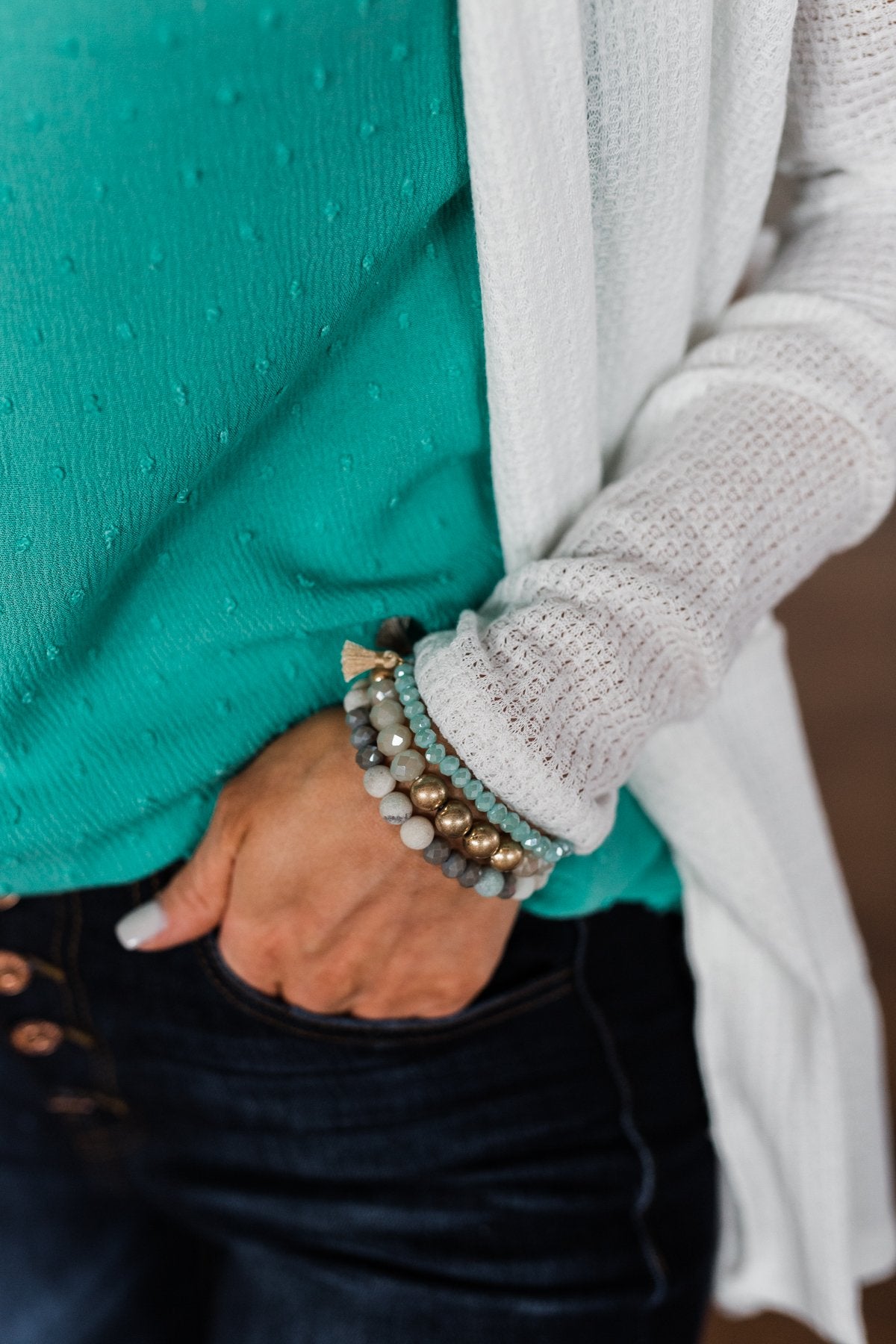 3 Layer Tassel & Beads Bracelet Set- Mint & Gold