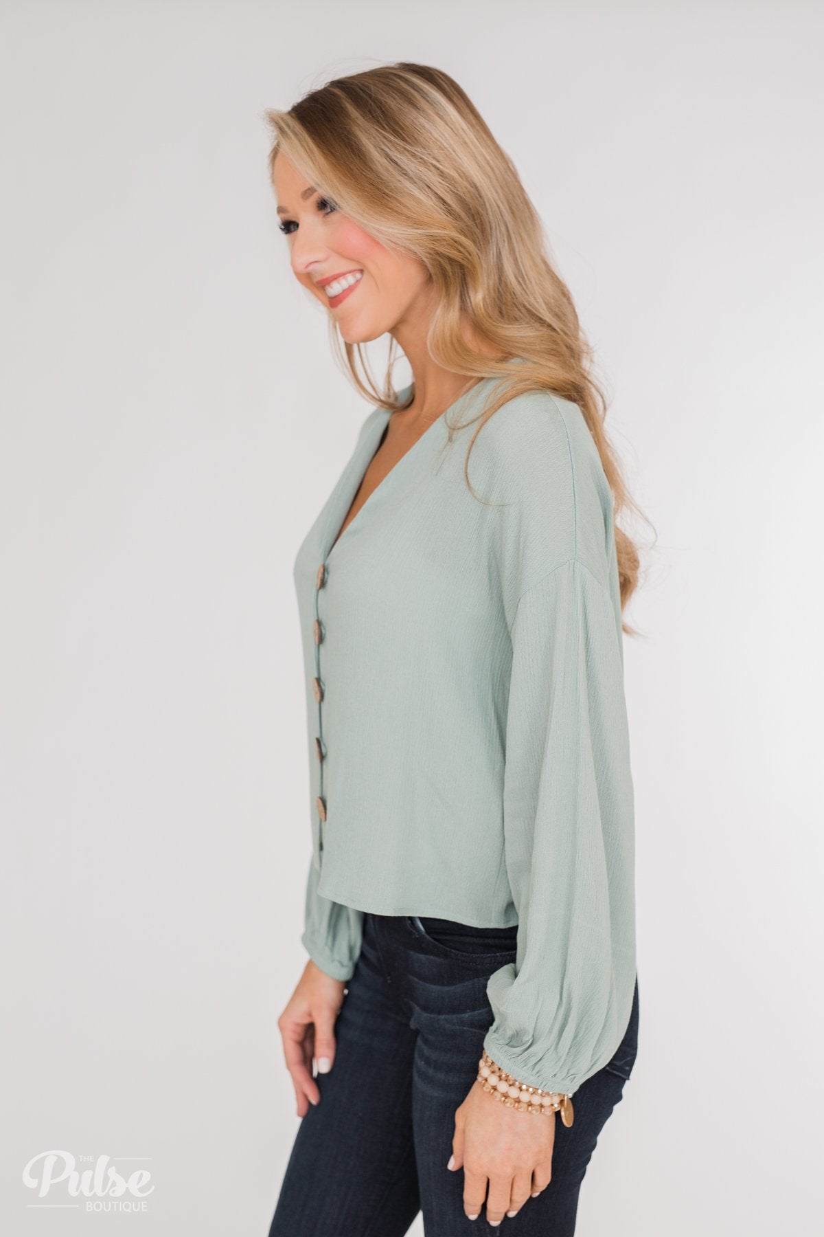 With or Without You V-Neck Button Blouse- Sage