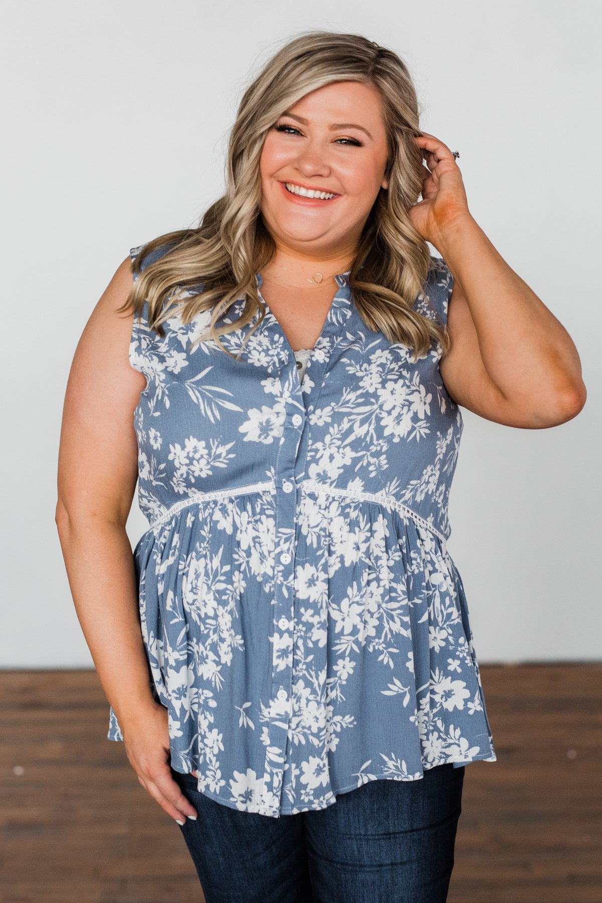 Set Me Free Floral Babydoll Tank Top- Dusty Blue