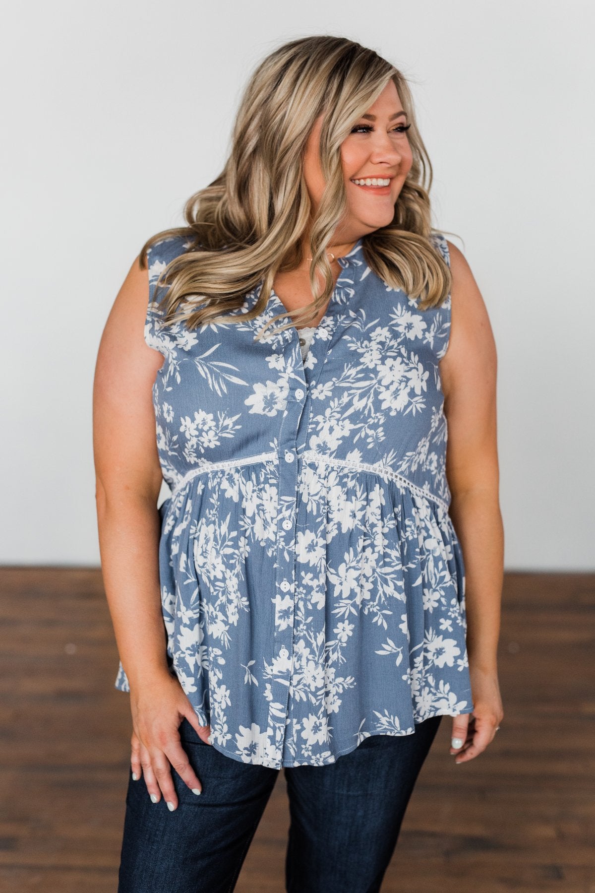Set Me Free Floral Babydoll Tank Top- Dusty Blue