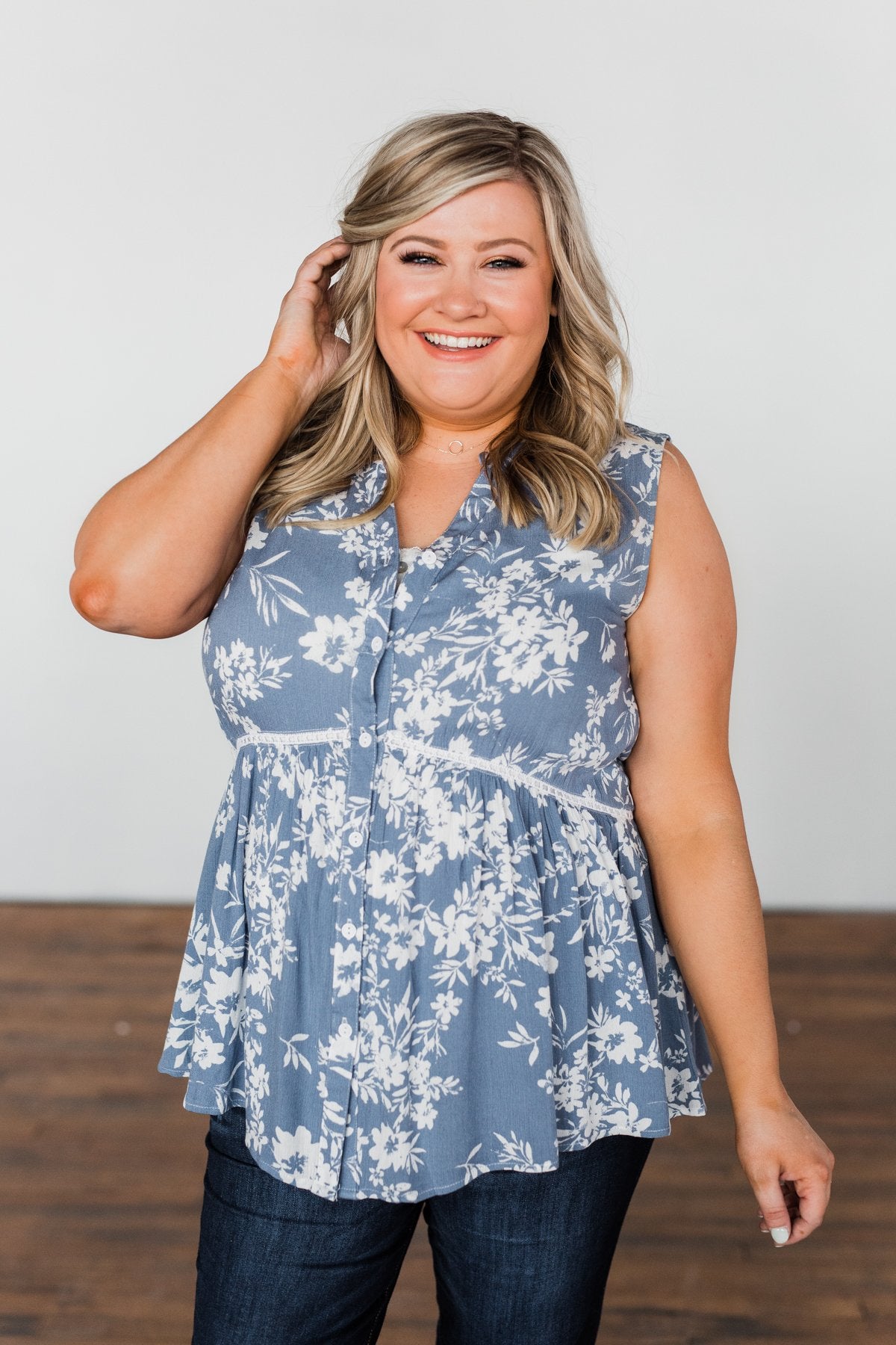 Set Me Free Floral Babydoll Tank Top- Dusty Blue