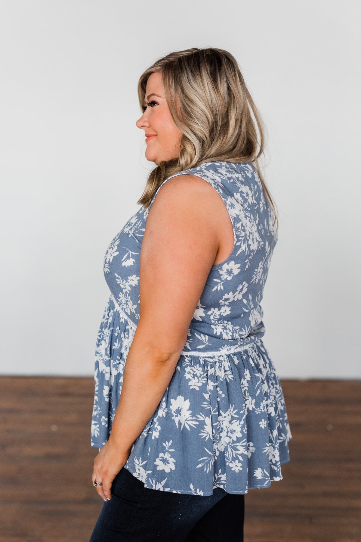 Set Me Free Floral Babydoll Tank Top- Dusty Blue