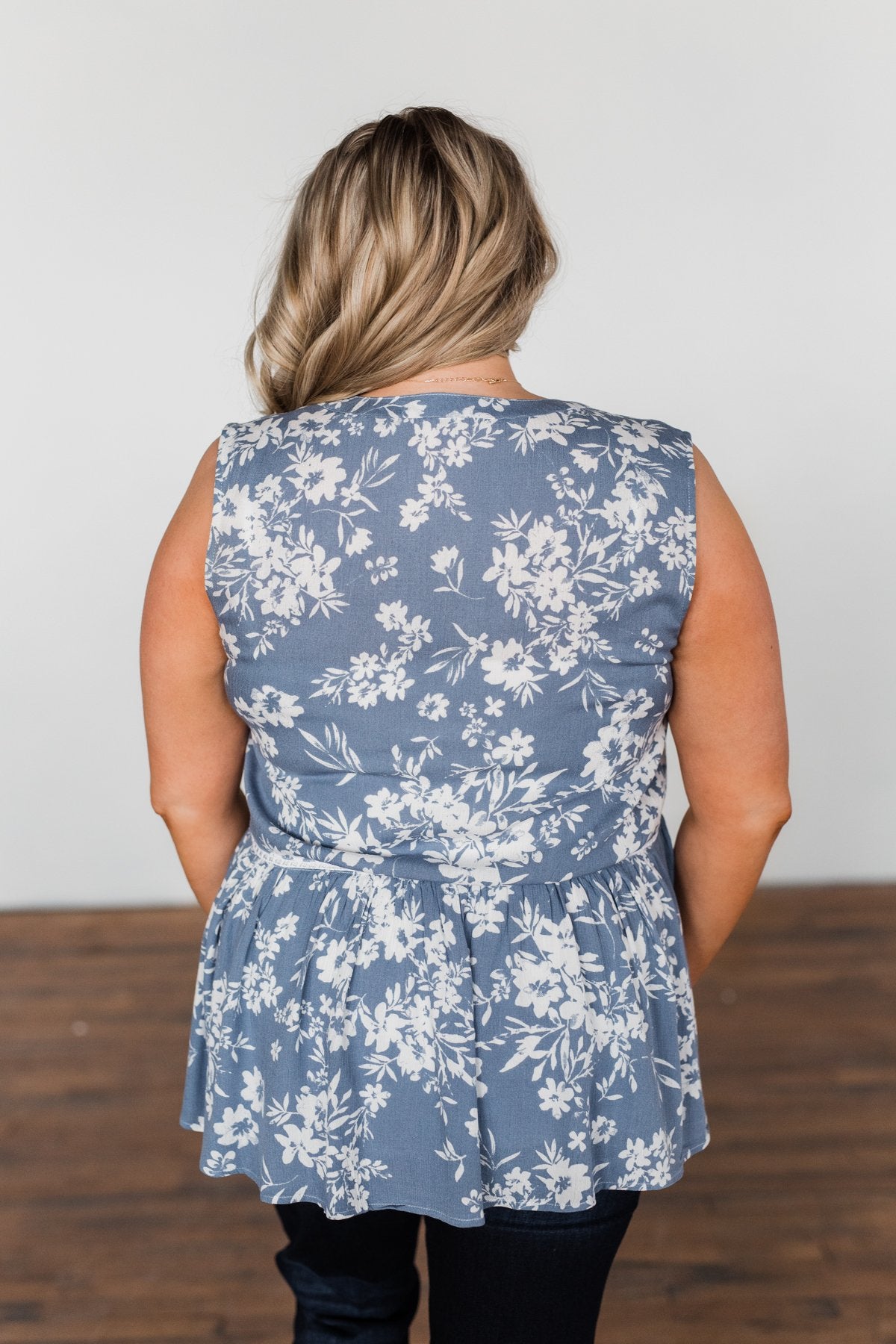 Set Me Free Floral Babydoll Tank Top- Dusty Blue