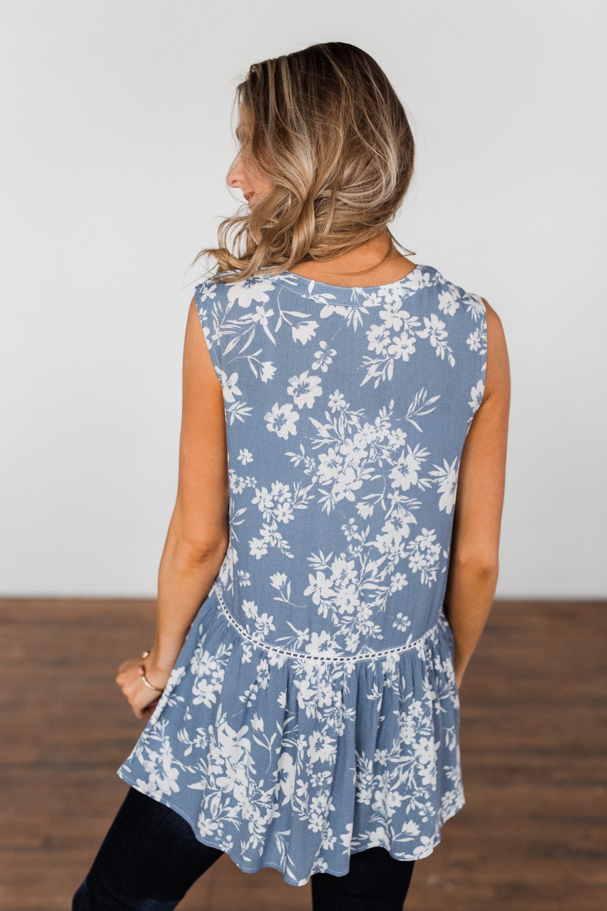 Set Me Free Floral Babydoll Tank Top- Dusty Blue