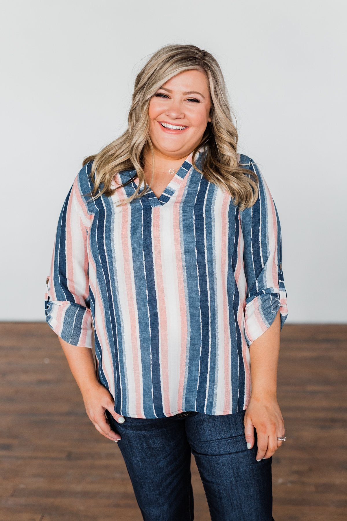 Good To Me V-Neck Striped Top- Navy & Peach