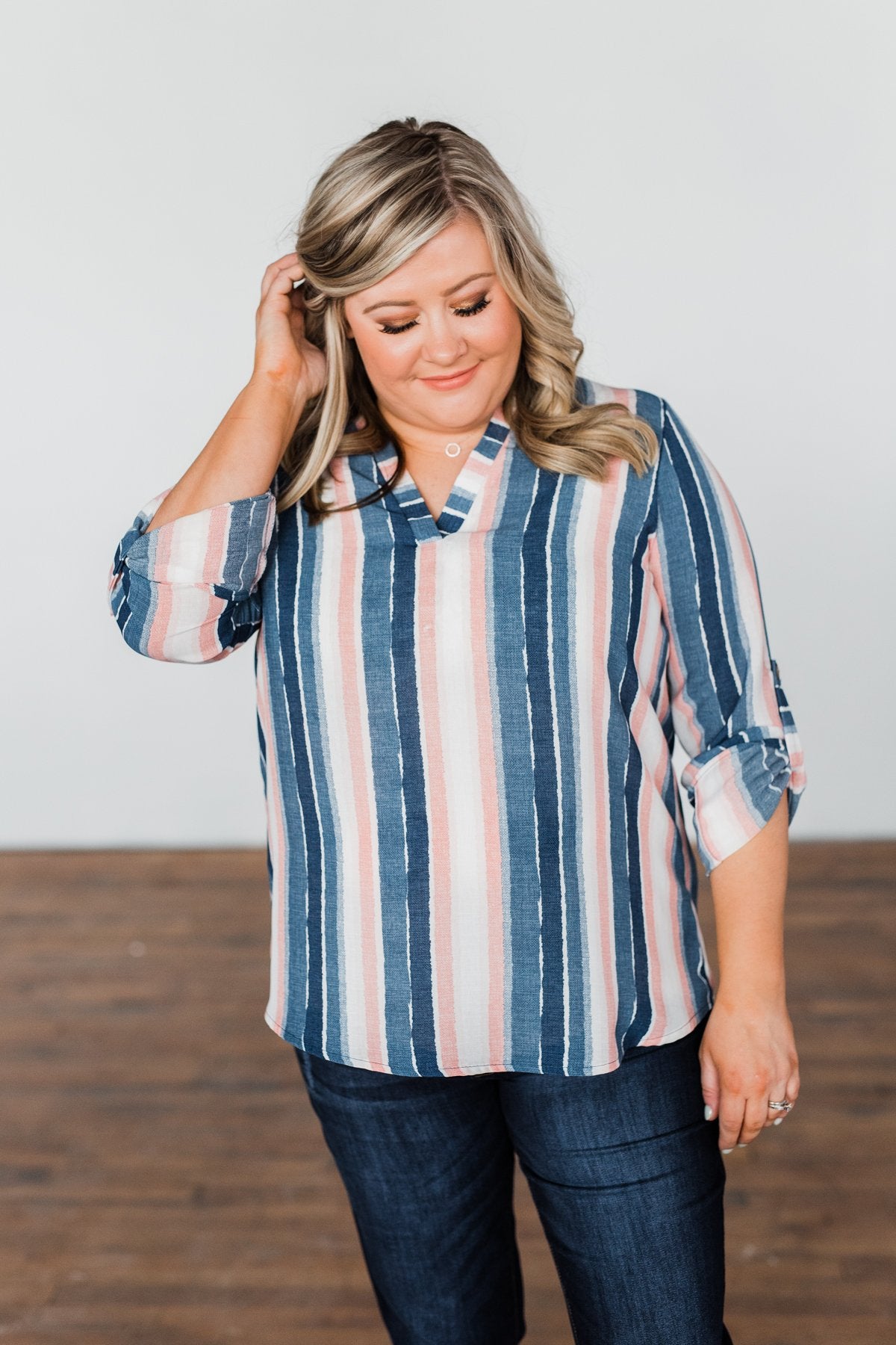 Good To Me V-Neck Striped Top- Navy & Peach