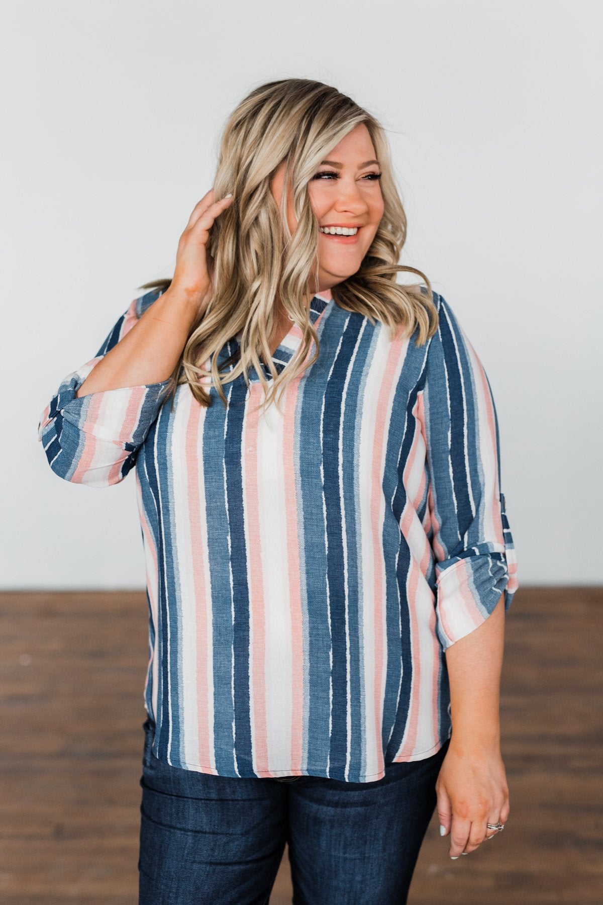 Good To Me V-Neck Striped Top- Navy & Peach