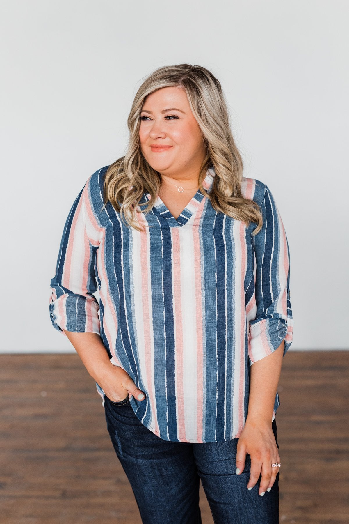 Good To Me V-Neck Striped Top- Navy & Peach