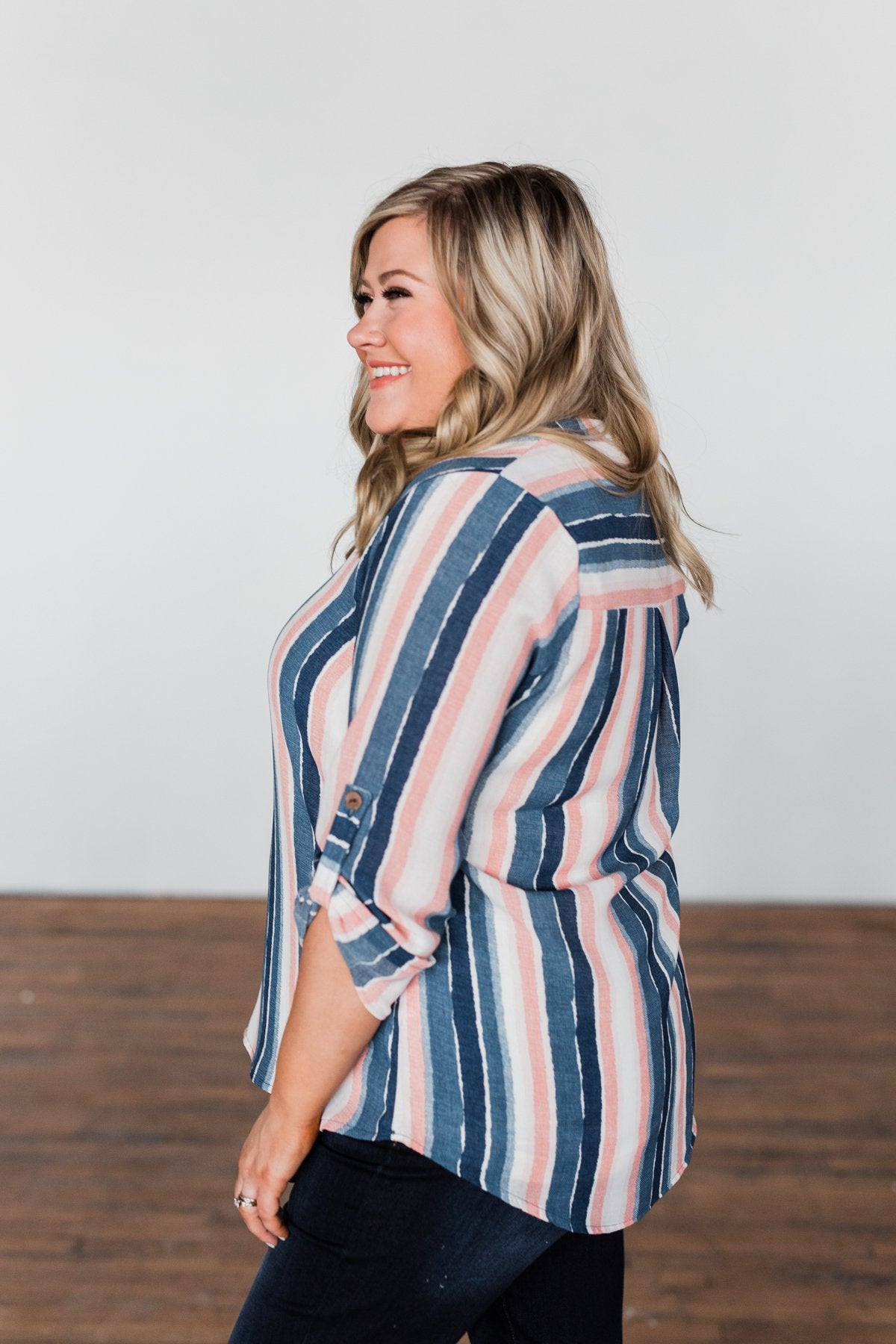 Good To Me V-Neck Striped Top- Navy & Peach