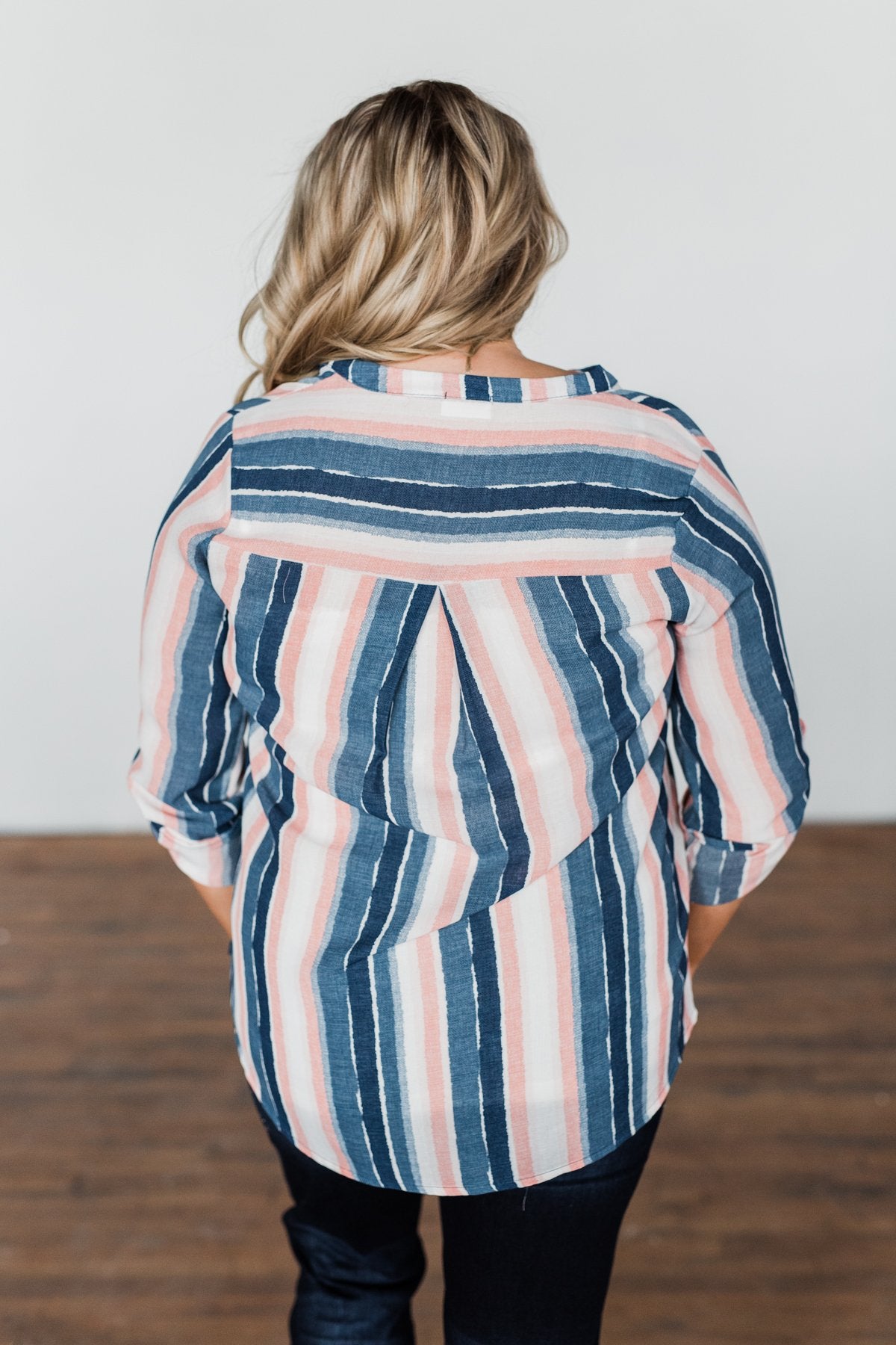 Good To Me V-Neck Striped Top- Navy & Peach