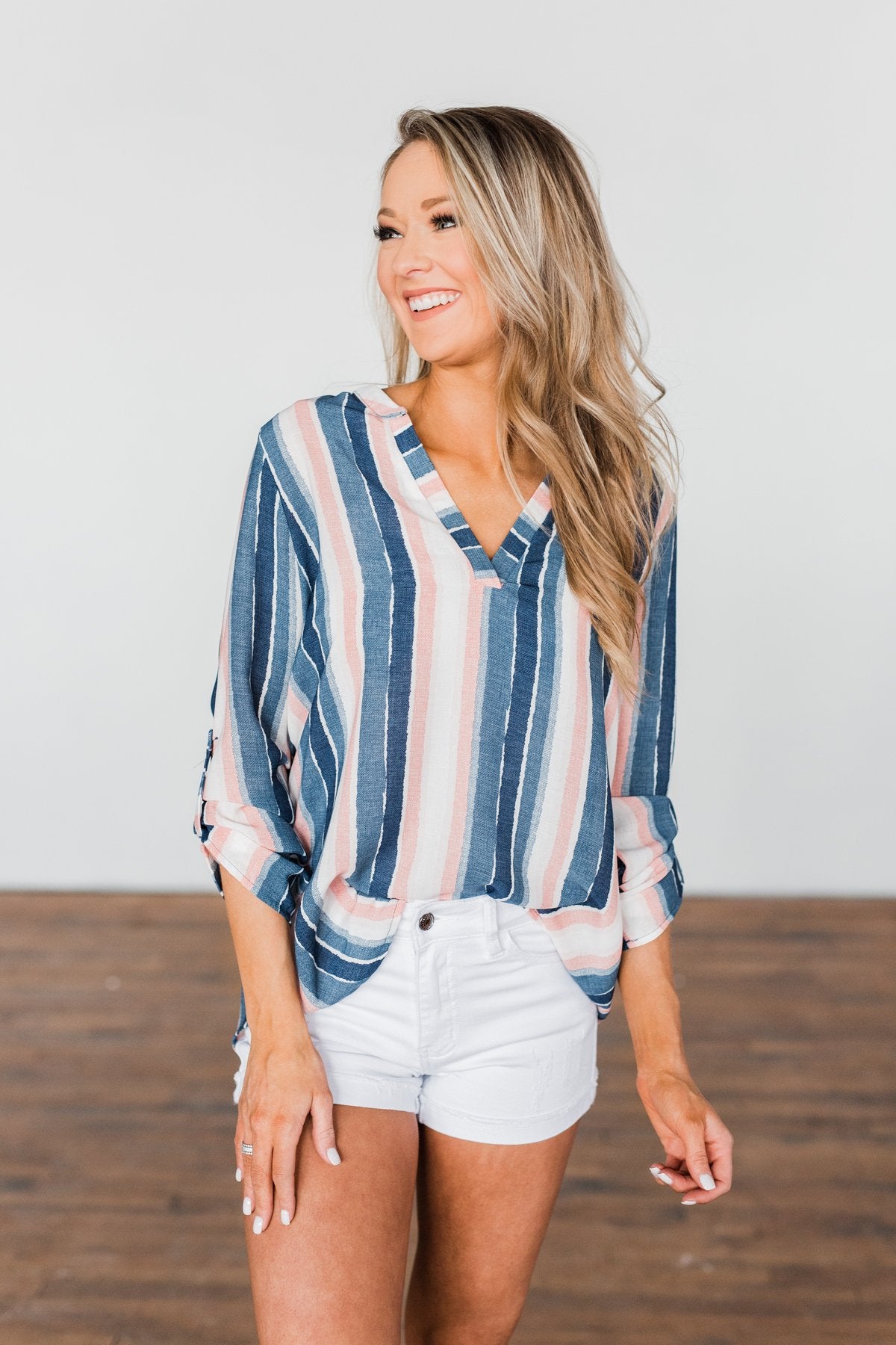 Good To Me V-Neck Striped Top- Navy & Peach