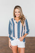 Good To Me V-Neck Striped Top- Navy & Peach