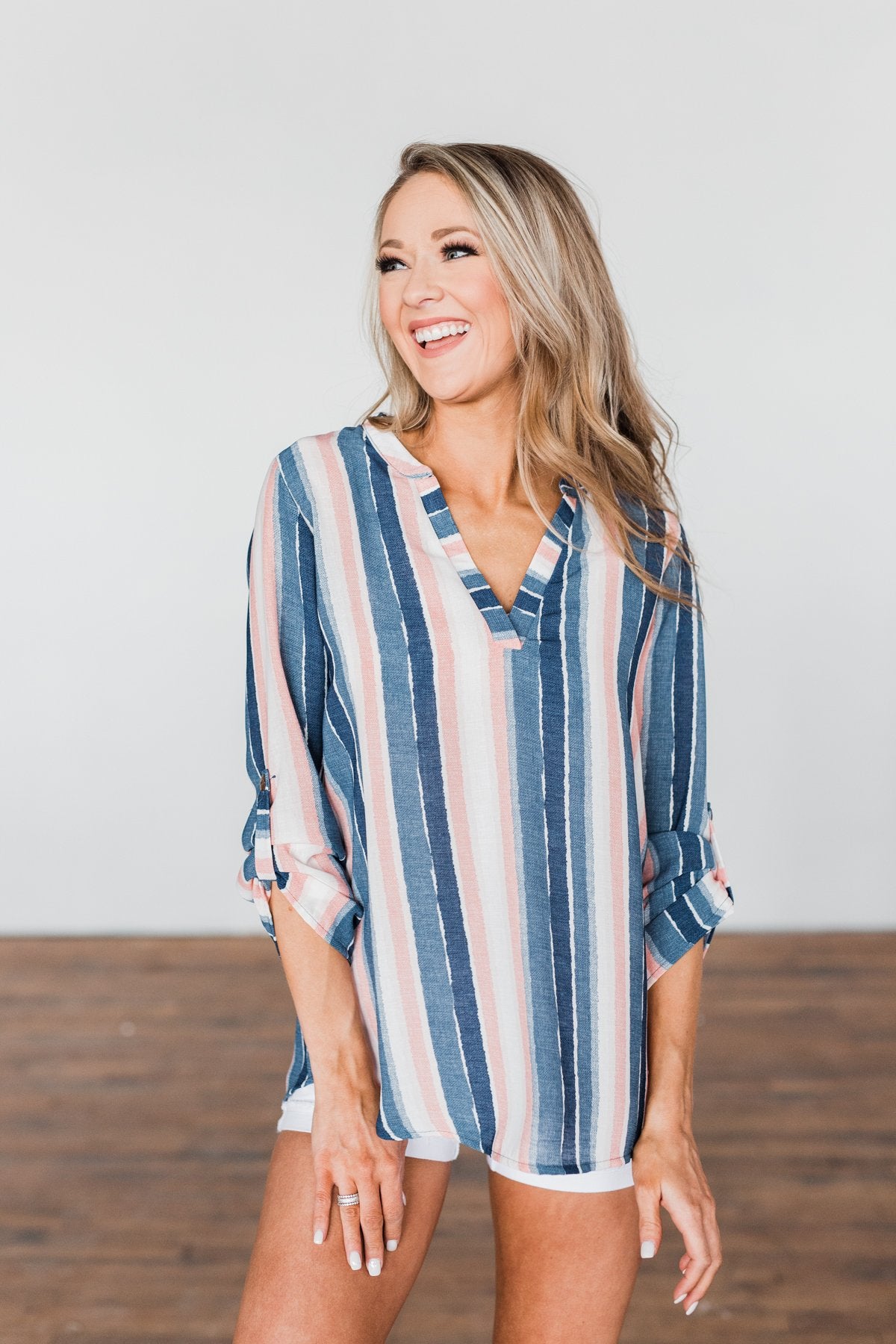 Good To Me V-Neck Striped Top- Navy & Peach