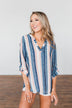 Good To Me V-Neck Striped Top- Navy & Peach
