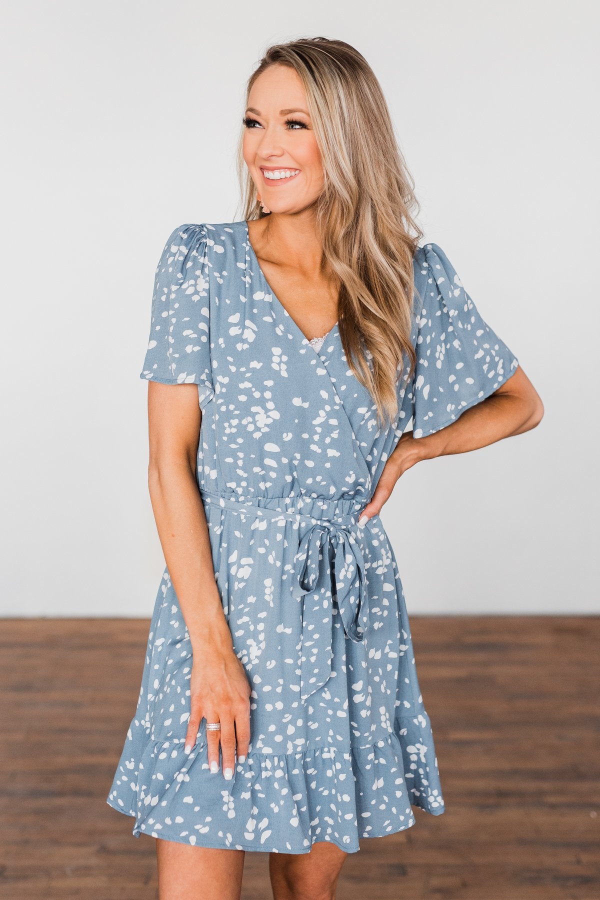 Right Where We Met Speckled Ruffle Dress- Slate Blue