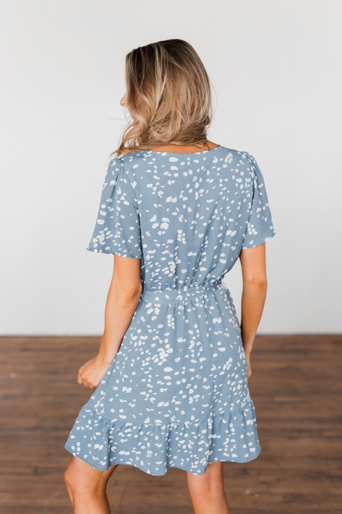 Right Where We Met Speckled Ruffle Dress- Slate Blue