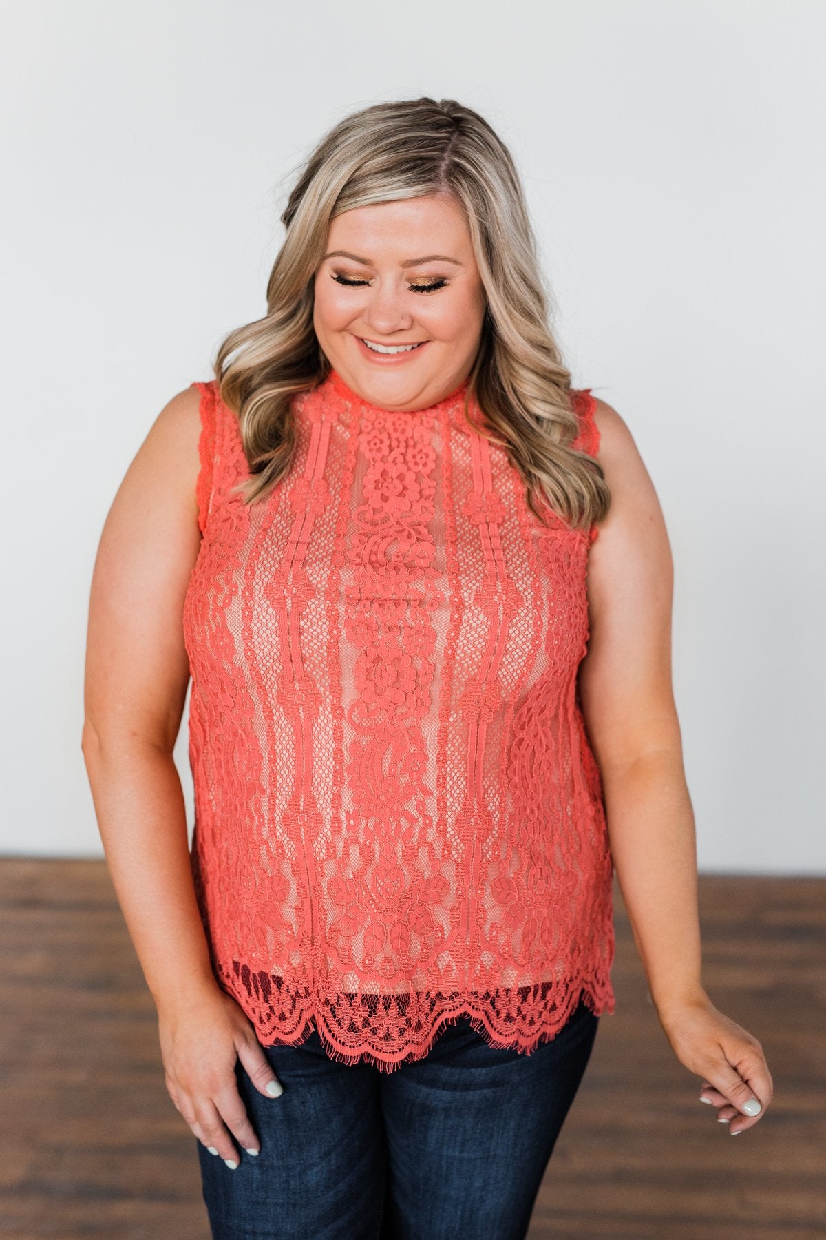 Feeling Flirty Lace Tank Top- Deep Coral