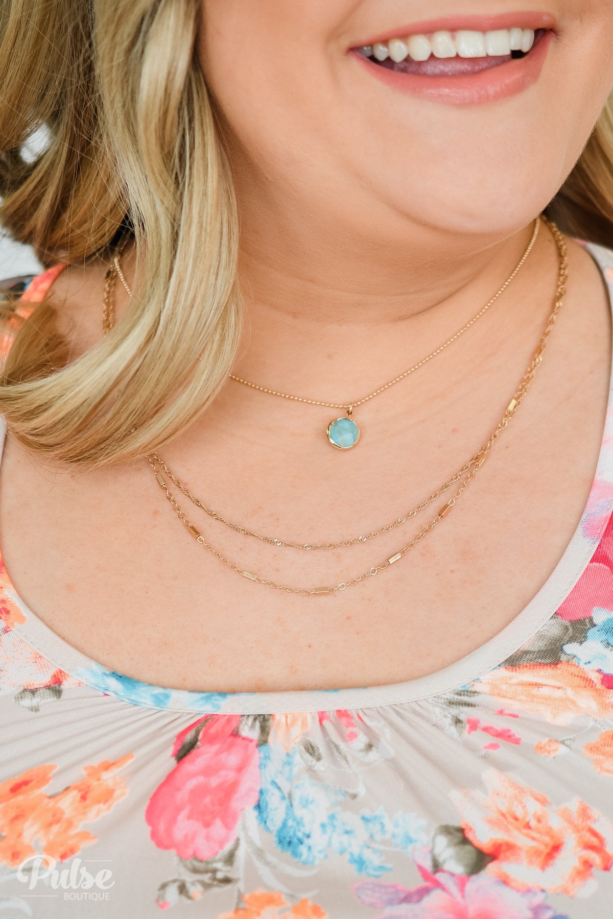 3 Tier Turquoise Stone Necklace- Gold
