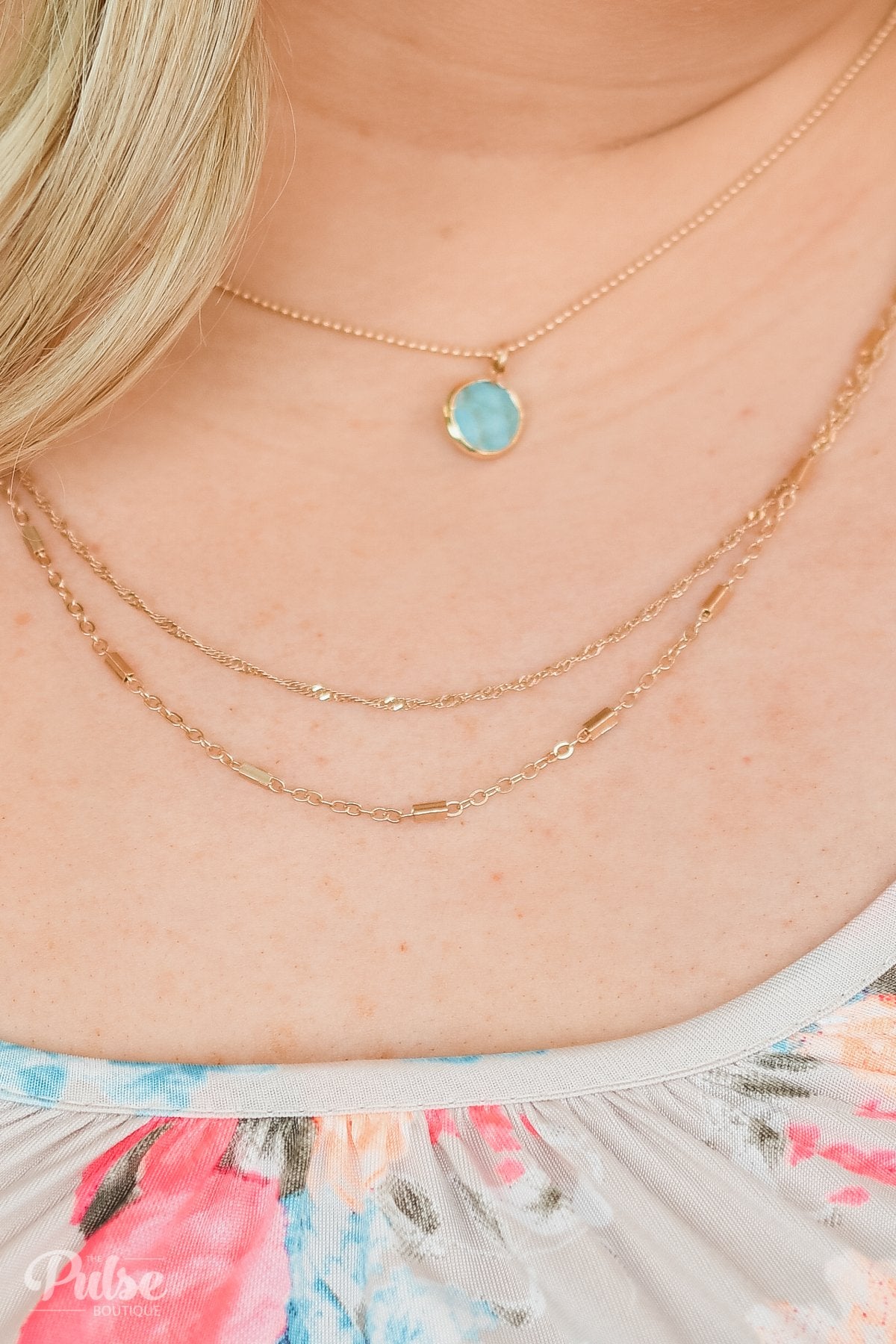 3 Tier Turquoise Stone Necklace- Gold
