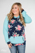 Into the Garden Floral Drawstring Hoodie- Navy & Turquoise