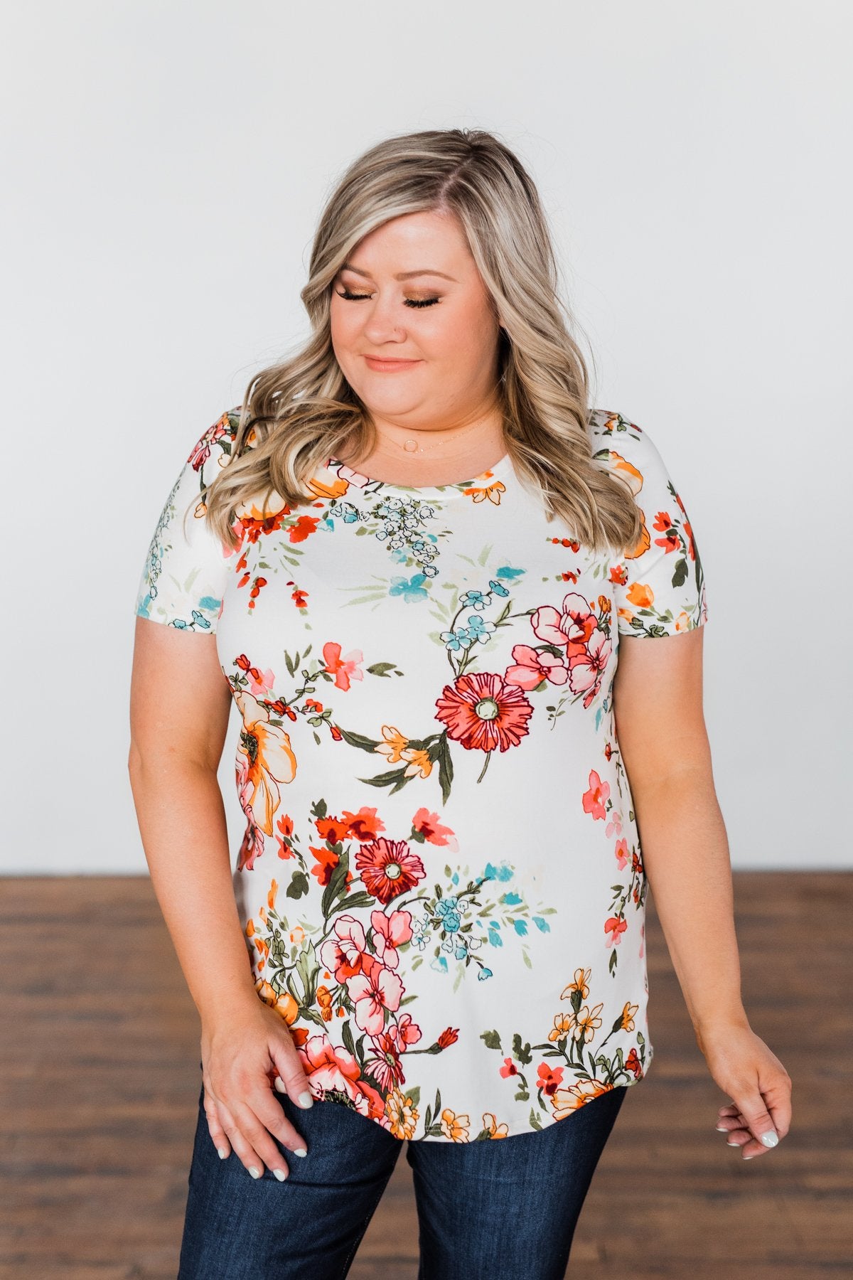 Here With Me Floral Short Sleeve Top- Ivory