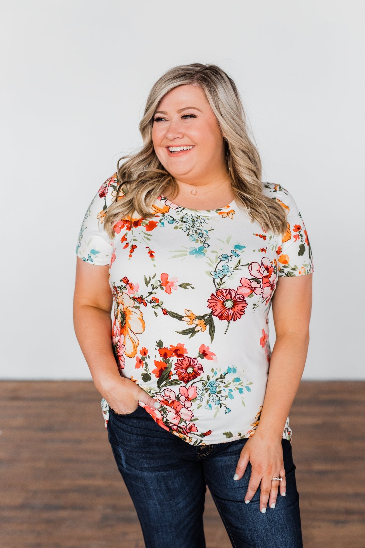 Here With Me Floral Short Sleeve Top- Ivory