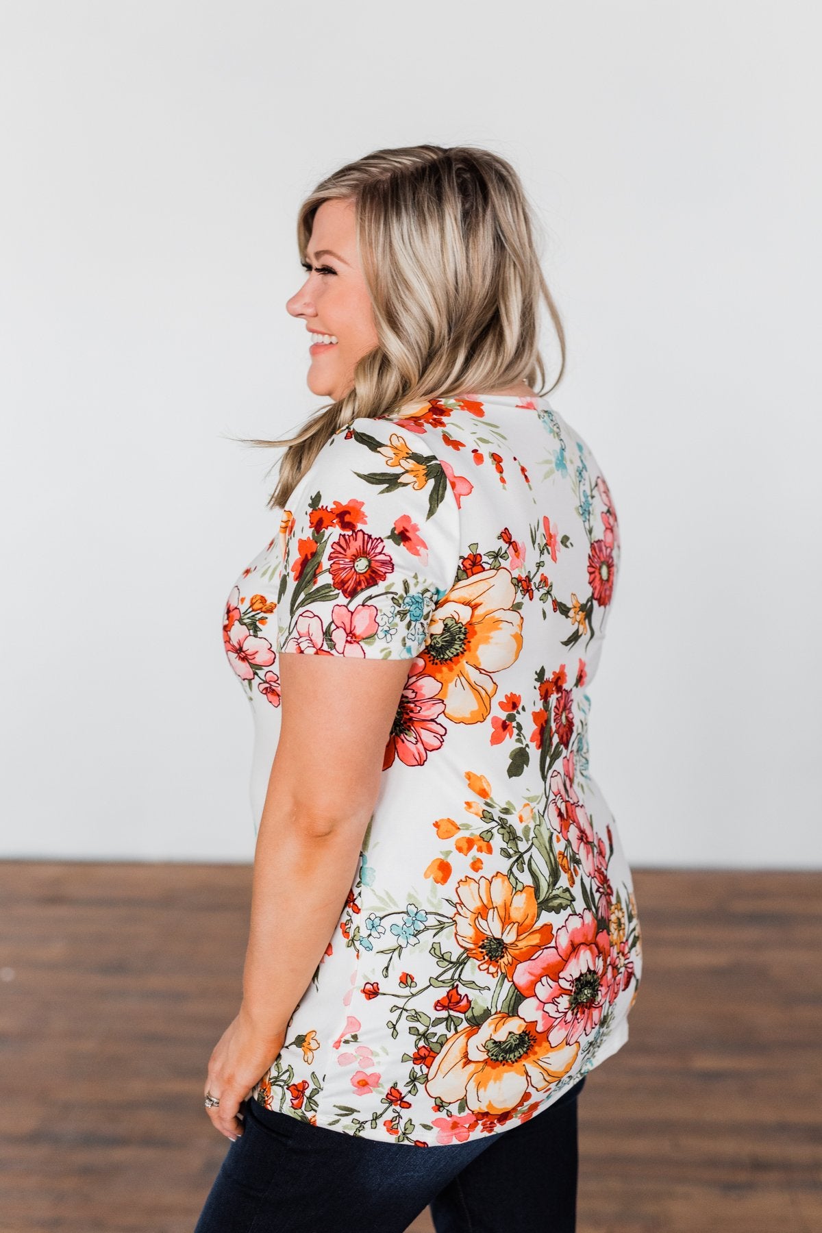 Here With Me Floral Short Sleeve Top- Ivory