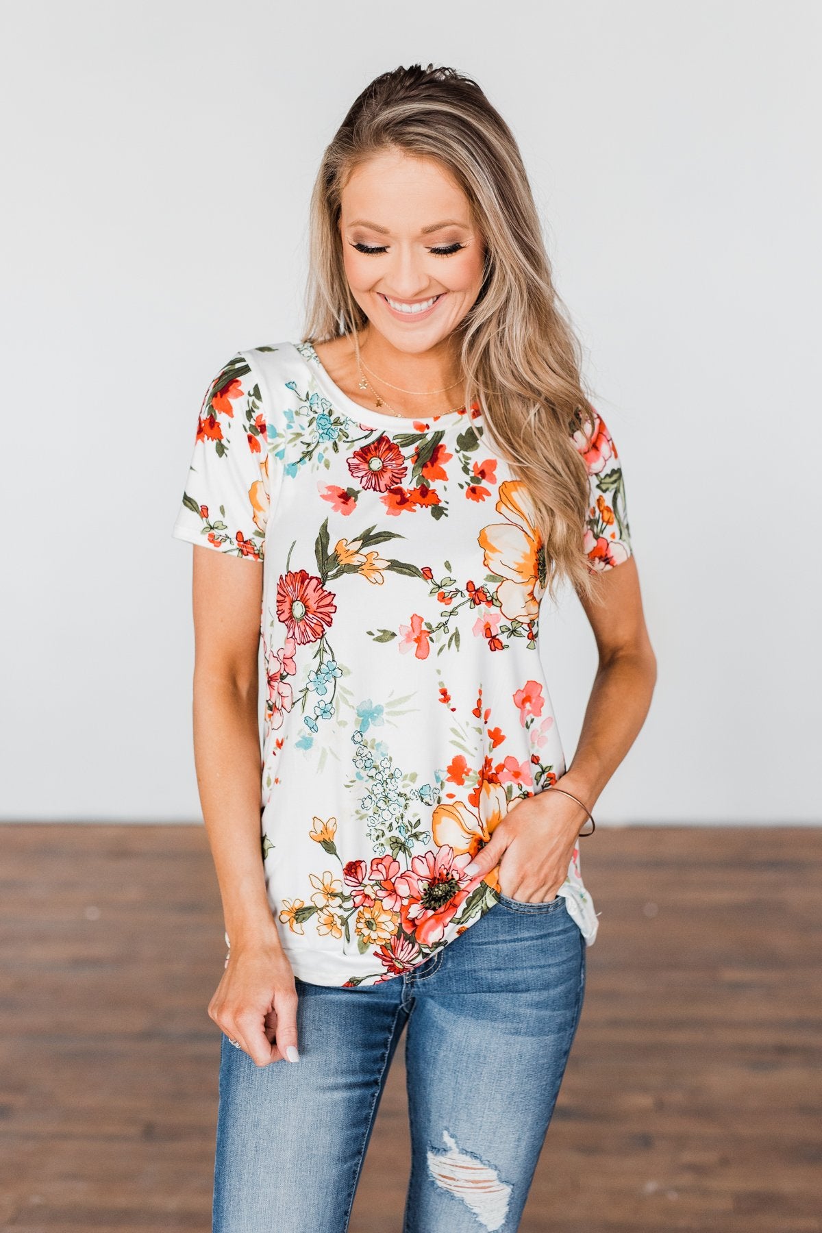 Here With Me Floral Short Sleeve Top- Ivory