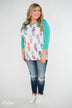 Aztec Feather 3/4 Sleeve Top- Teal