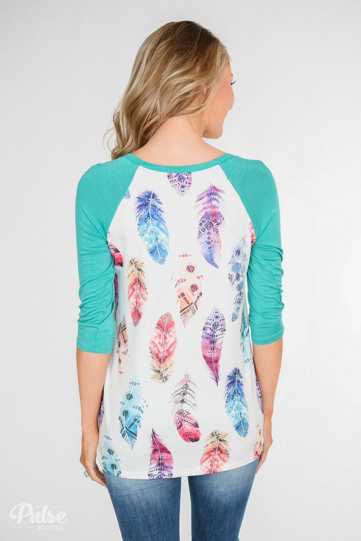 Aztec Feather 3/4 Sleeve Top- Teal