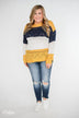 Color Block Pointelle Sweater- Mustard & Navy