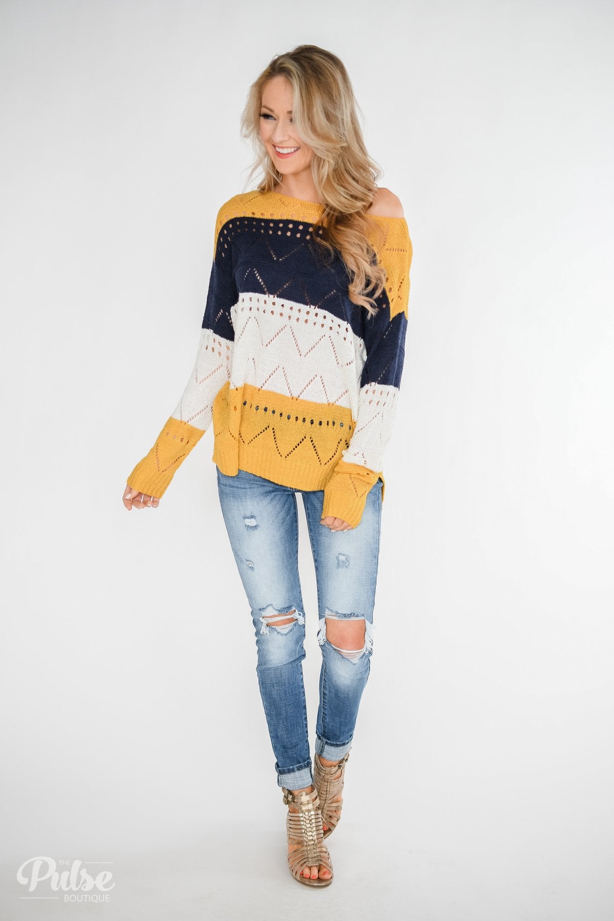 Color Block Pointelle Sweater- Mustard & Navy