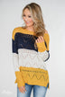 Color Block Pointelle Sweater- Mustard & Navy