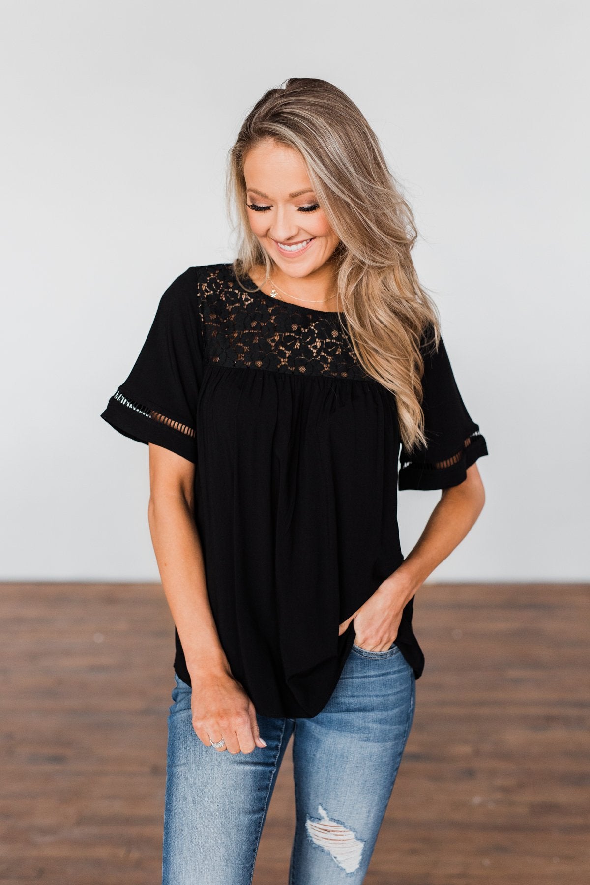 Seeing Your Heart Lace Detail Top- Black