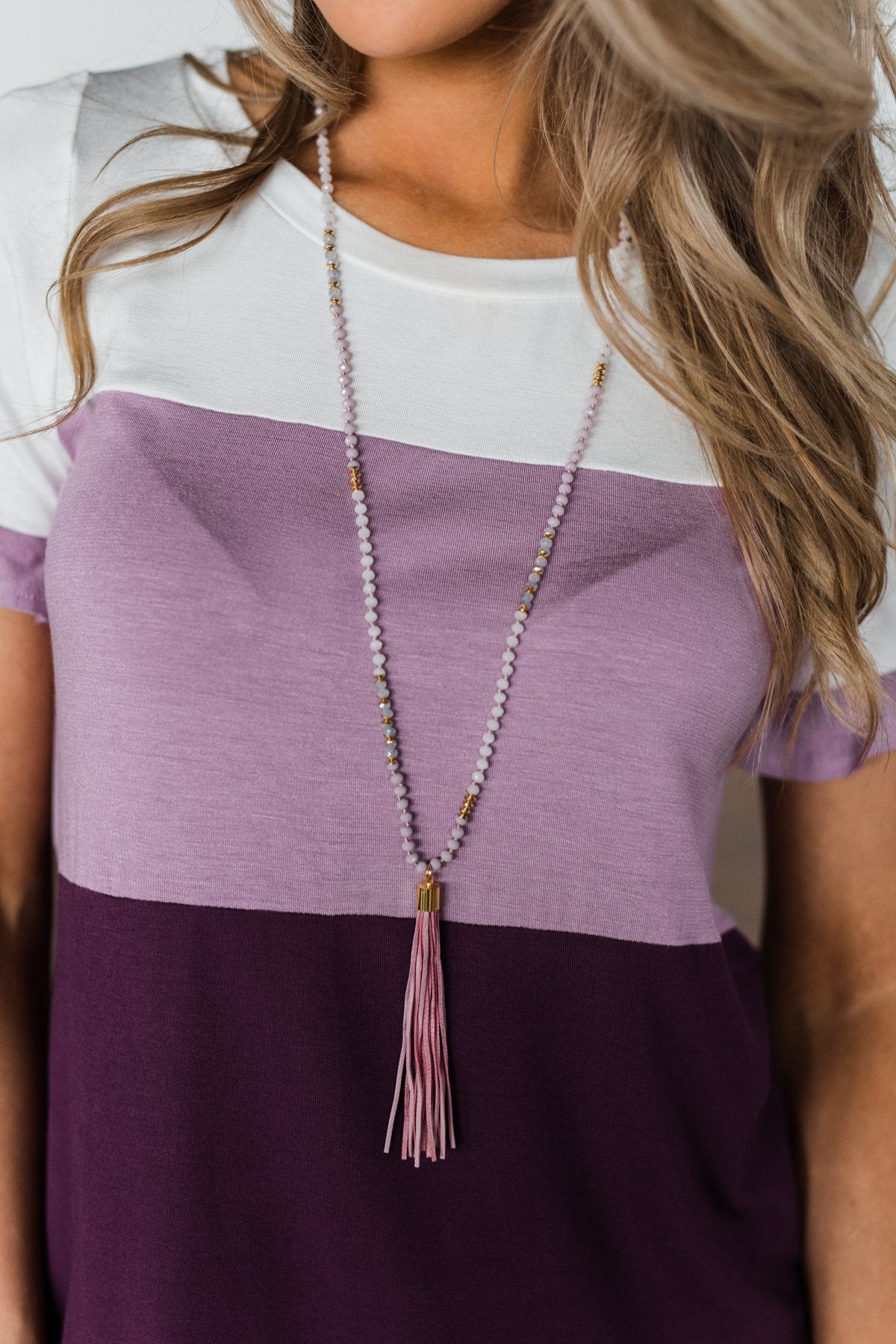Beaded Genuine Leather Tassel Necklace- Purple