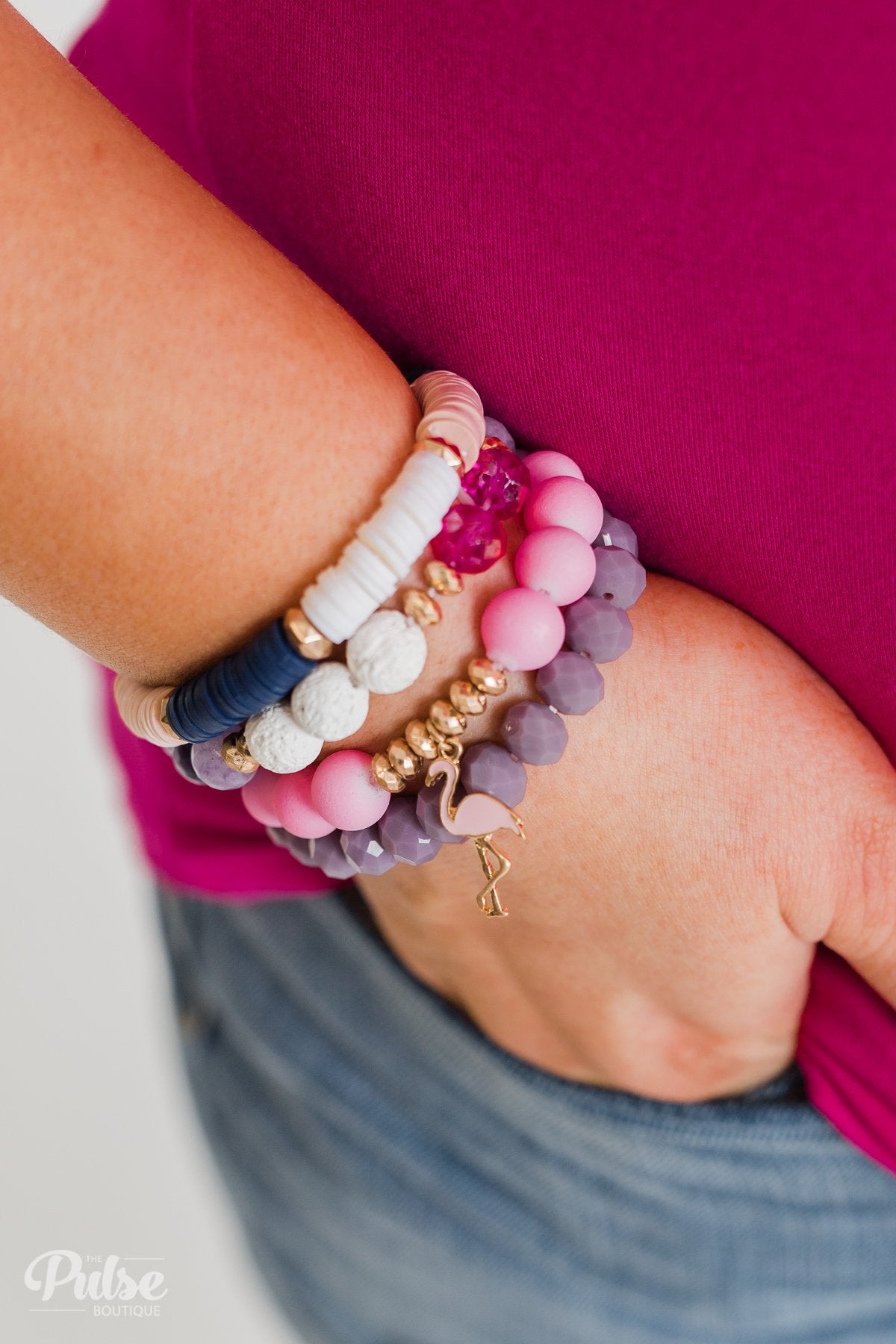 Flamingo Charm Bracelet Set- Pink & Purple