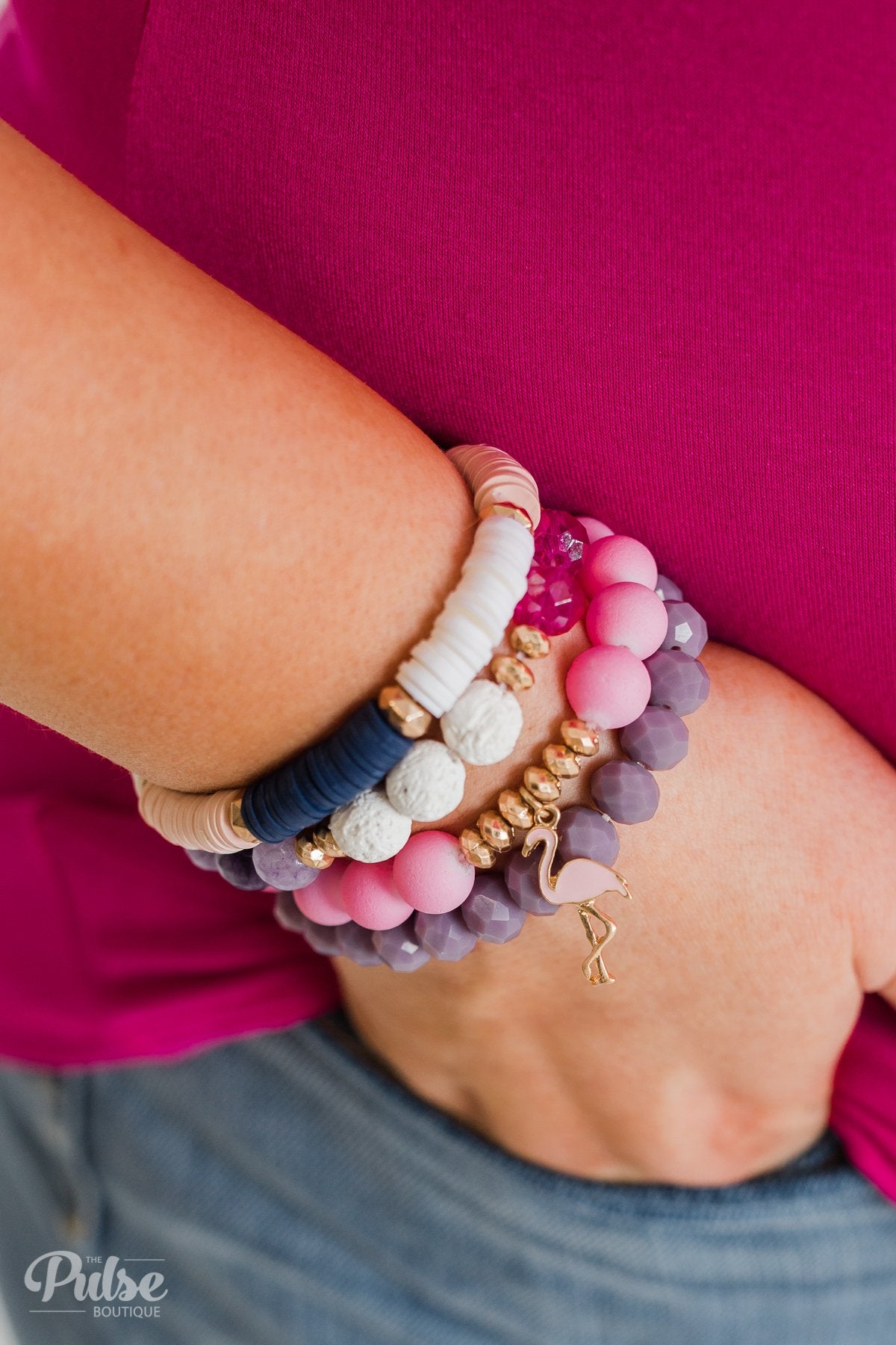 Flamingo Charm Bracelet Set- Pink & Purple
